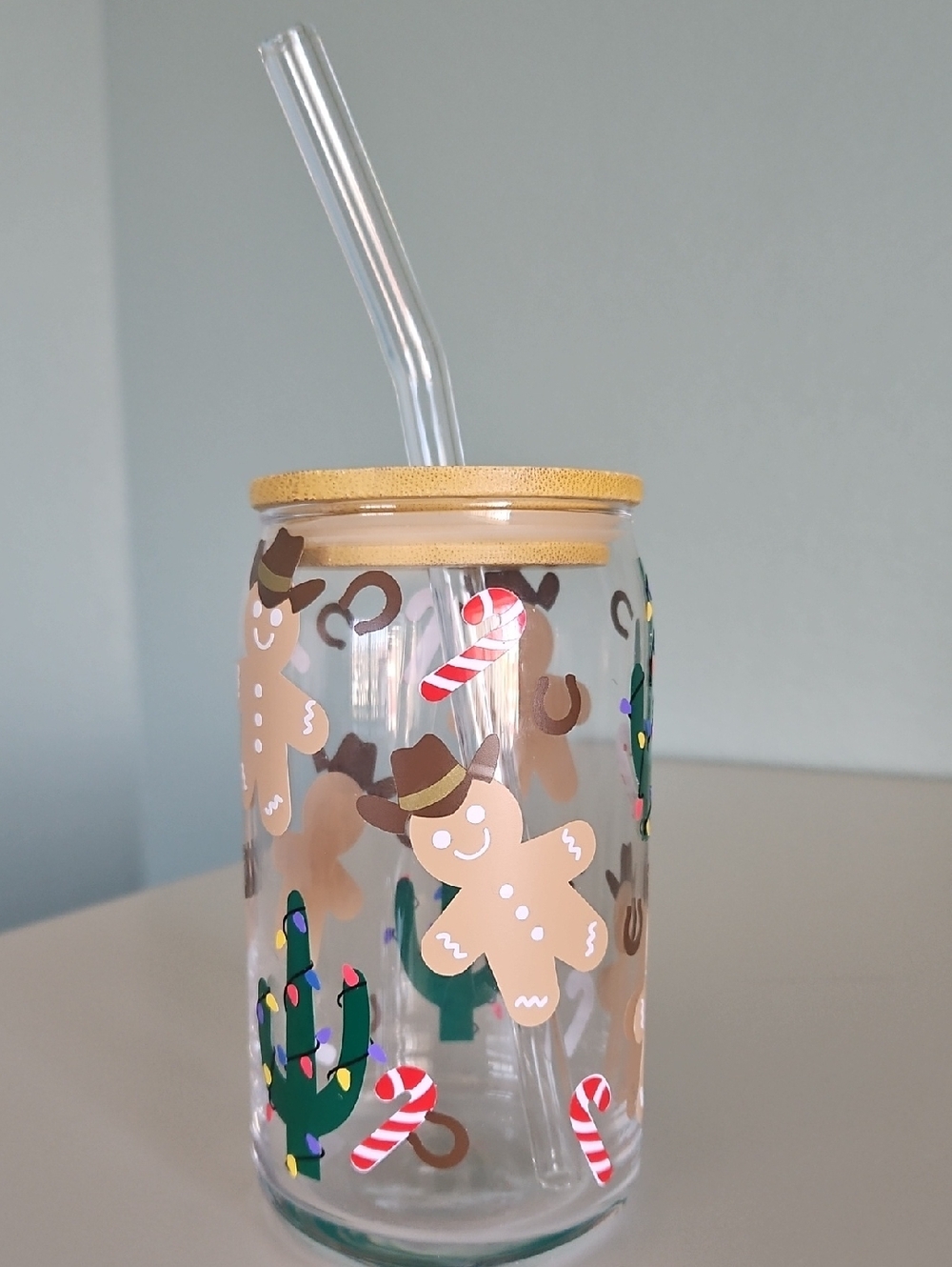 Festive Gingerbread Cowboy Glass Can Tumbler with Glass Straw - Wooden Lid